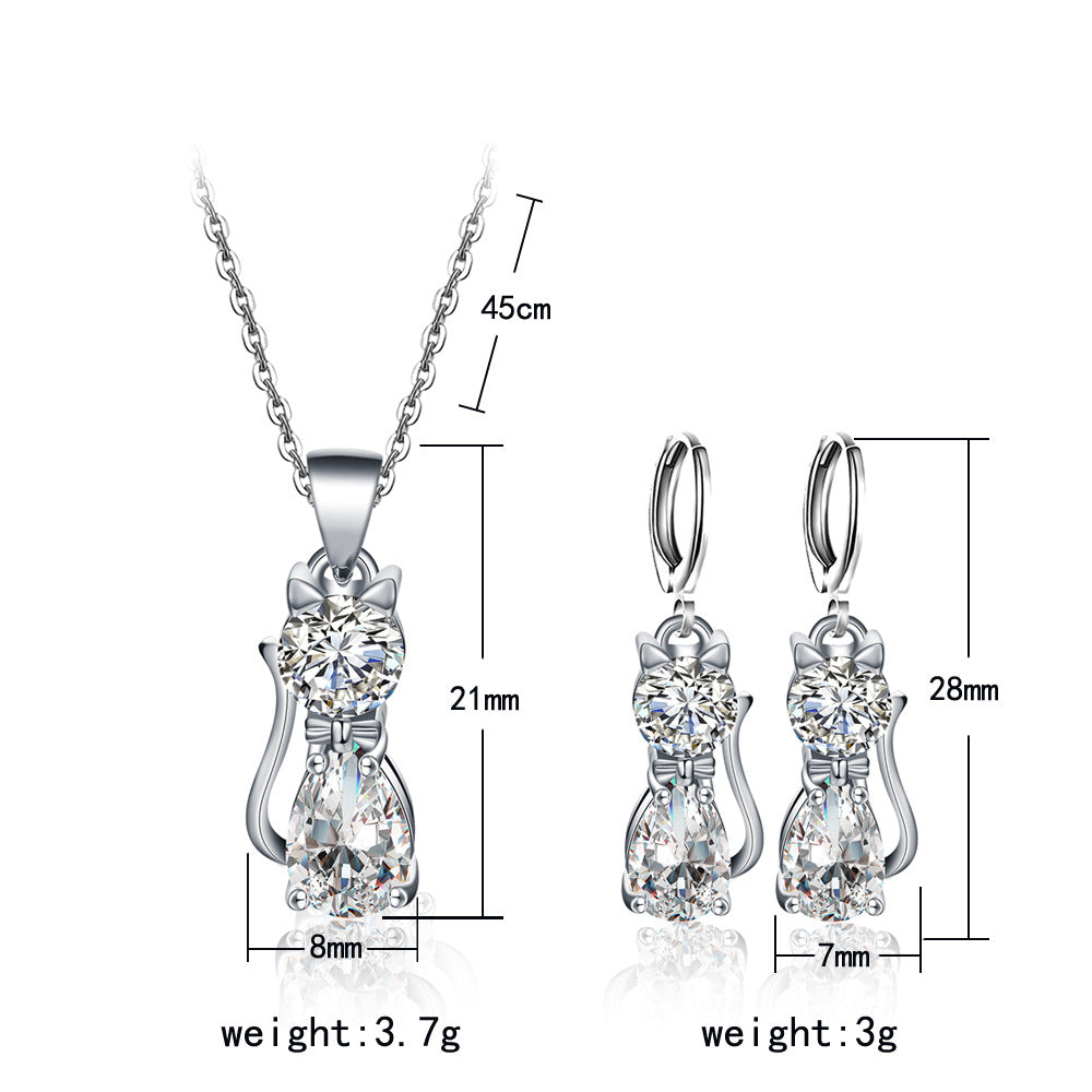 Cat shape zircon pendant necklace earrings set