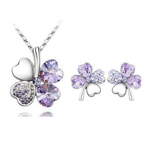 Four-leaf clover crystal necklace earrings