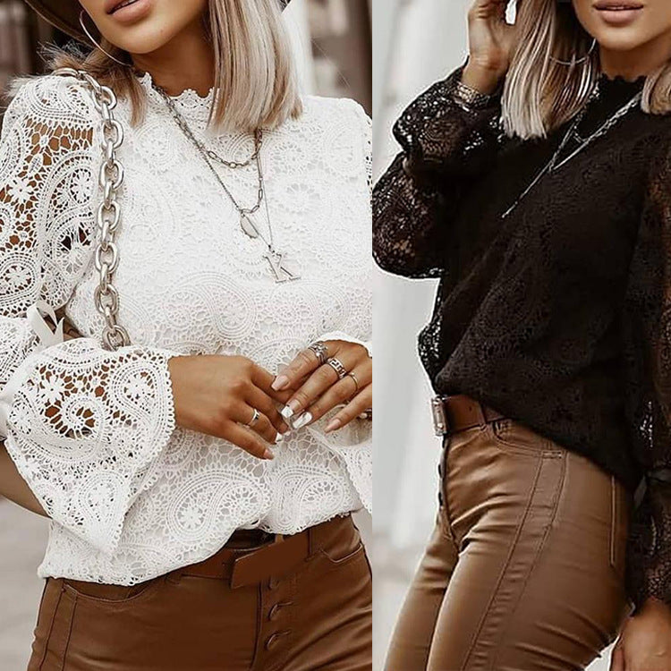 Ladies Stand Collar Long Sleeve Lace Shirt Top