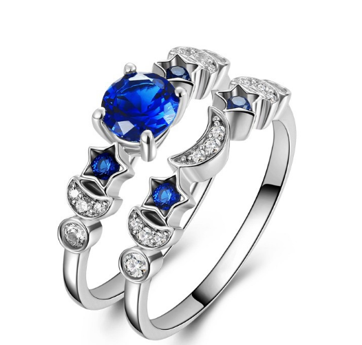 New creative moon ring women Europe and the United States inlaid blue gem engagement ring