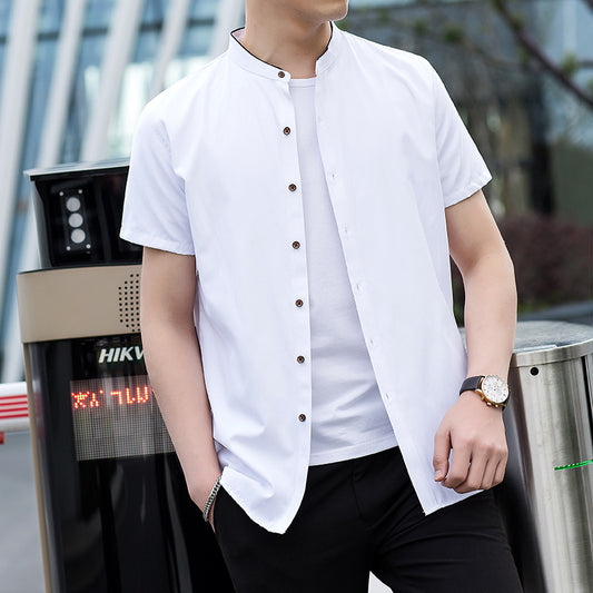 Young men's shirt round neck white shirt