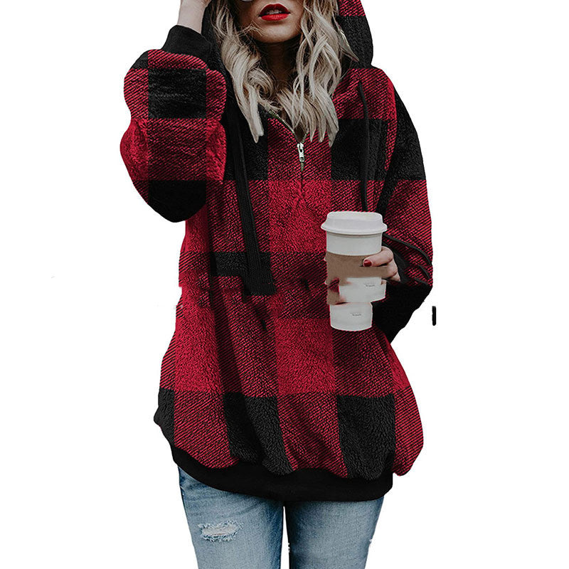 Sweater Women's Long-sleeved Hooded Plush Plaid Top