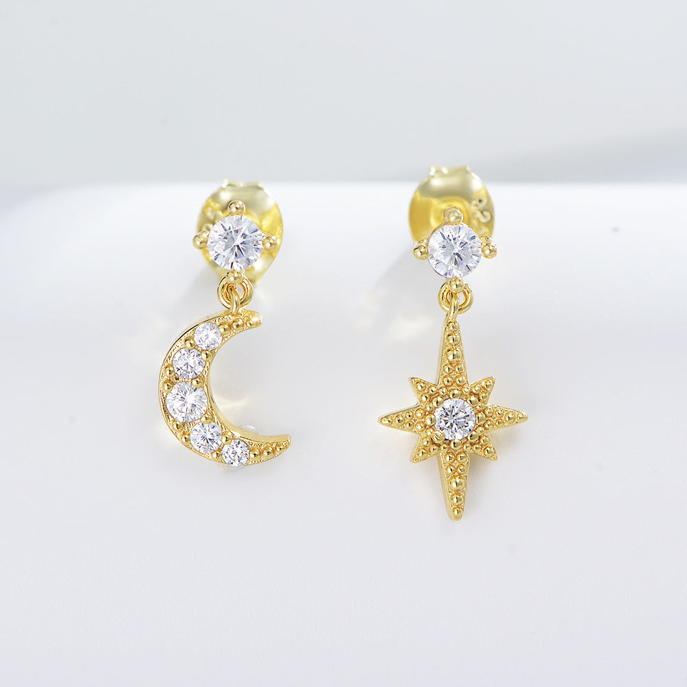 Asymmetrical Eight-pointed Star Moon Earrings Personality Zircon