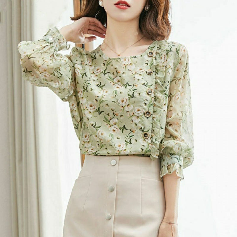 Ladies Long Sleeve Floral Print Faux Silk Top