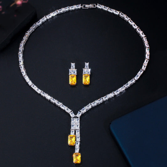 Retro Simple Geometric Full Inlaid Square Zircon Set Necklace Earrings Two-piece Banquet Accessories