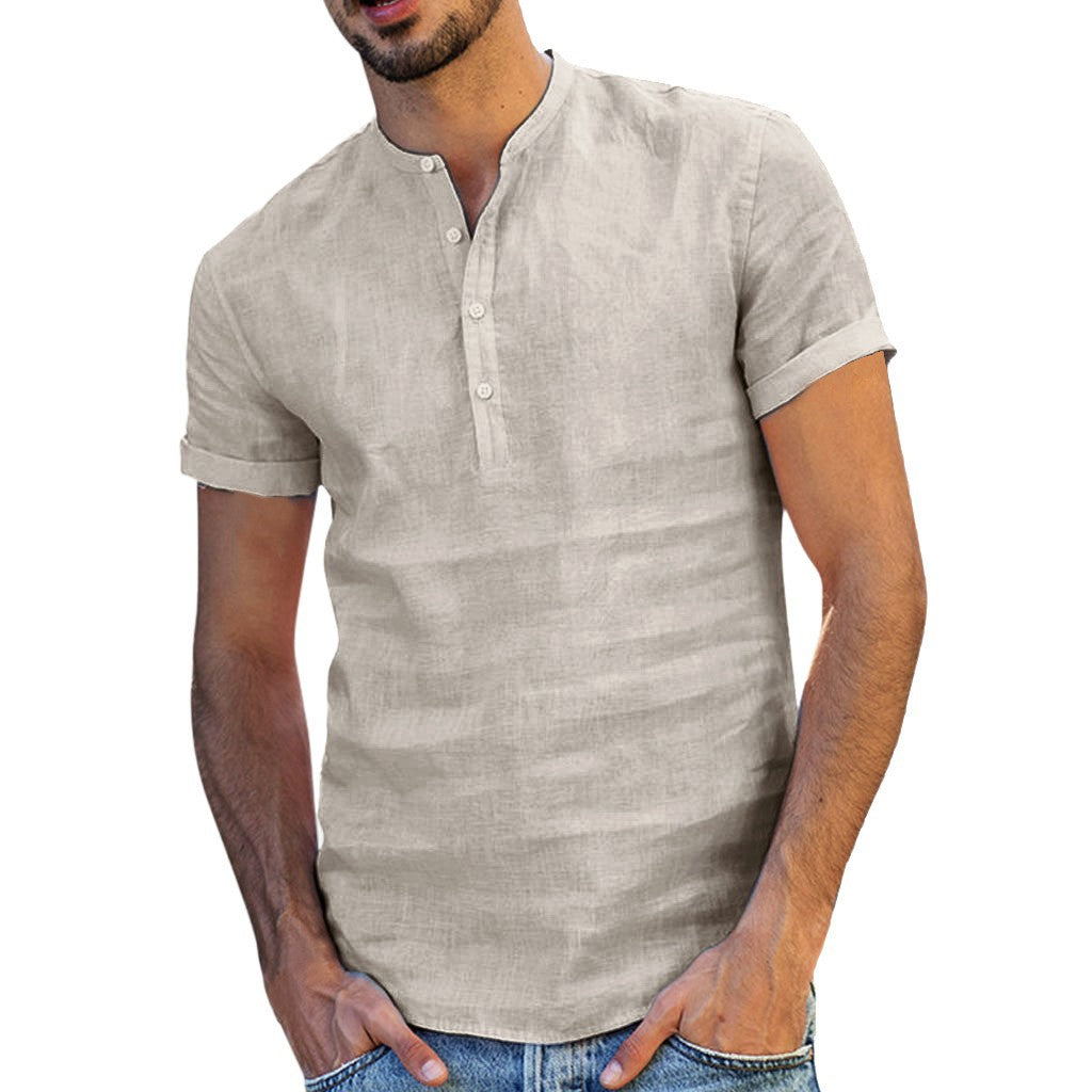 Stand-up collar cotton and linen short-sleeved shirt