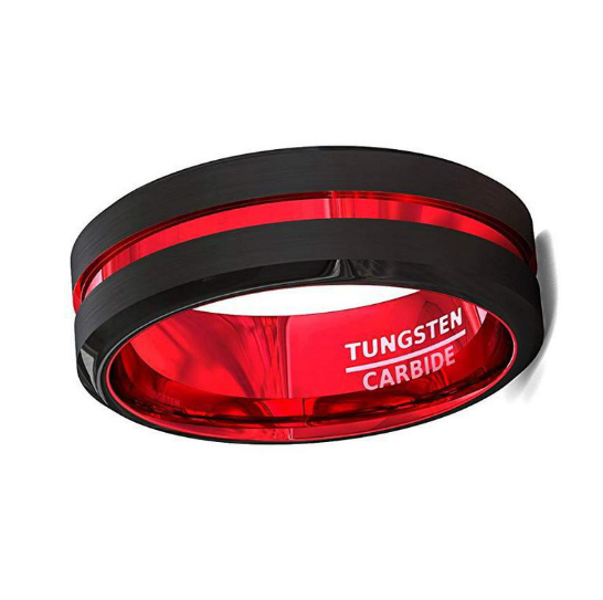 Men's 8mm Black and Red Tungsten Carbide Ring Matte Finish Beveled Edges
