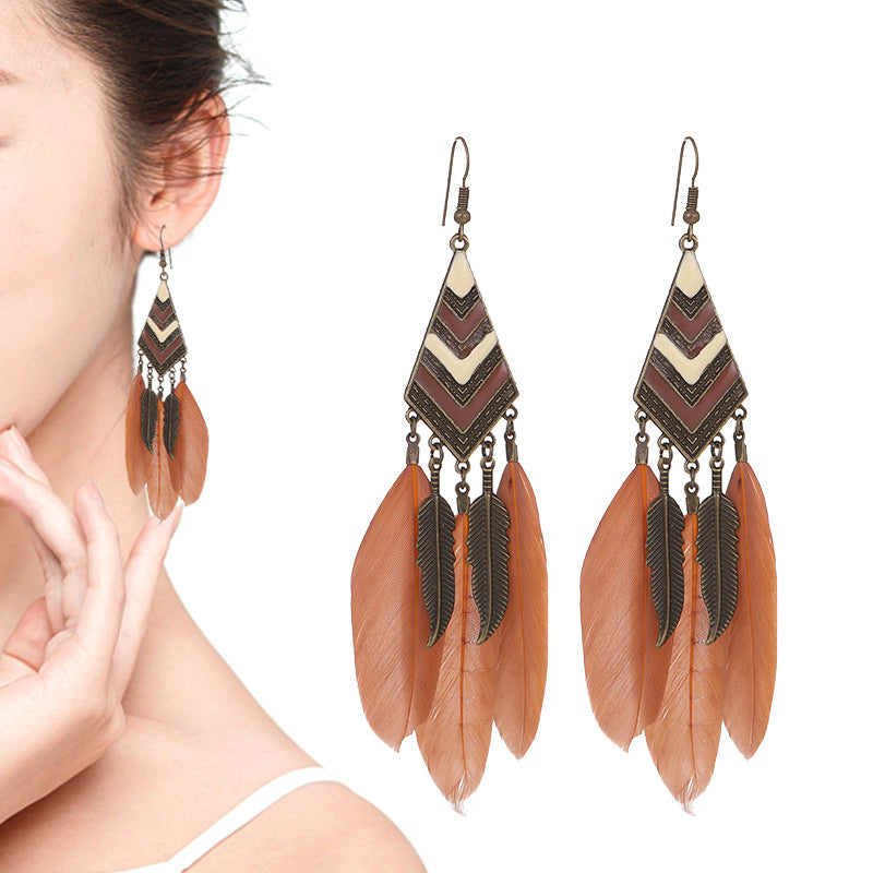 Diamond Leaf Long Tassel Feather Earrings For Female Bohemian Accessori