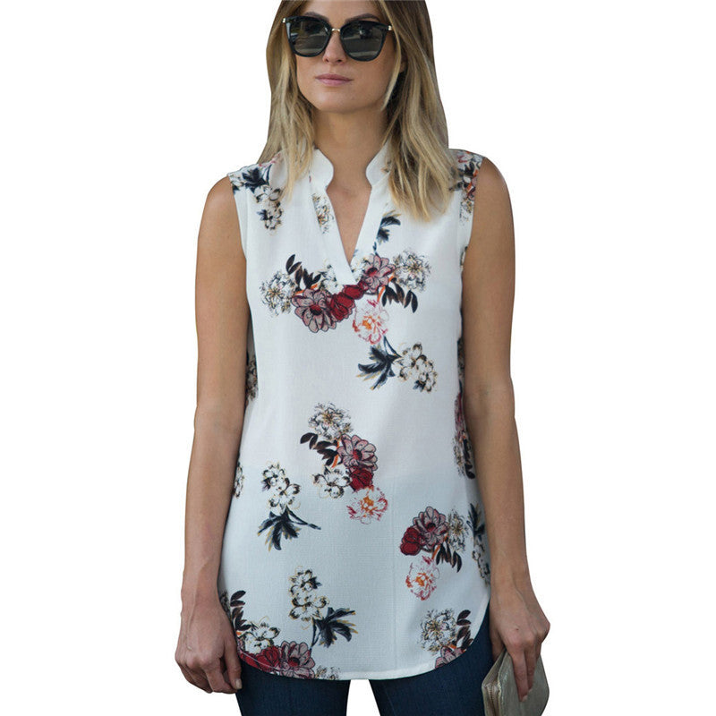 Sleeveless floral print V-neck chiffon shirt