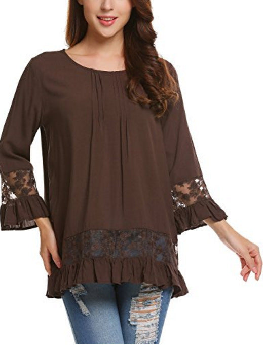 Silk Long Sleeve T-shirt Elegant Lace Embroid