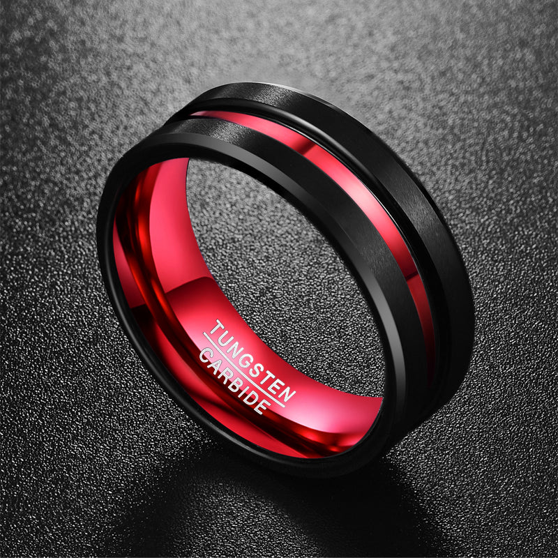 Men's 8mm Black and Red Tungsten Carbide Ring Matte Finish Beveled Edges