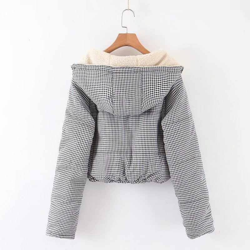 Large lapel short plaid jacket coat hooded cotton coat