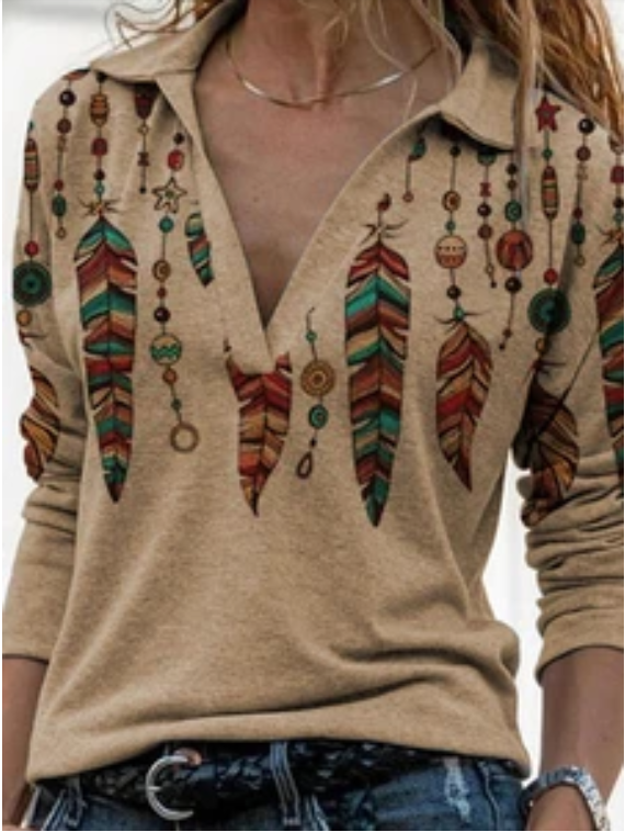 Retro long-sleeved printed V-neck shirt sweater