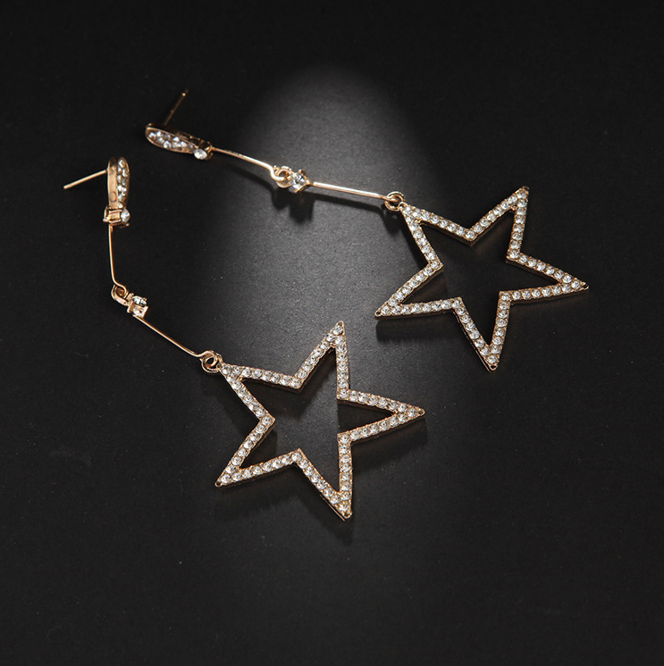 Pentagram Rhinestone Fashion Long Temperament Star Stud Earrings