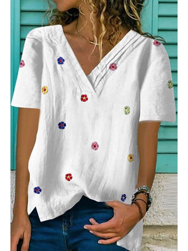 Cotton and linen embroidery V-neck short sleeves