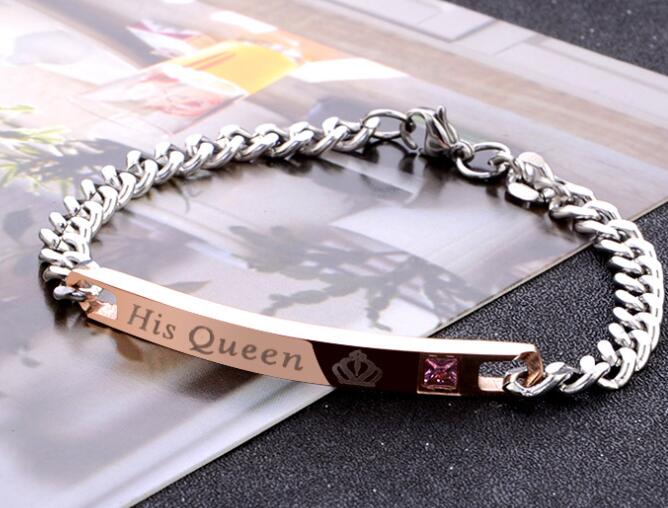 His Queen Her King Black Rose Gold Color Women's Male Chain Crystal Couple Bracelet