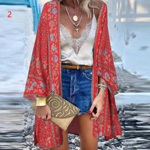 Casual Resort Doll Sleeve Cardigan Print Top Cardigan