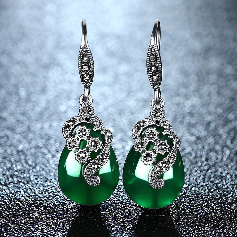 Vintage Thai Silver Earrings Female Green Agate