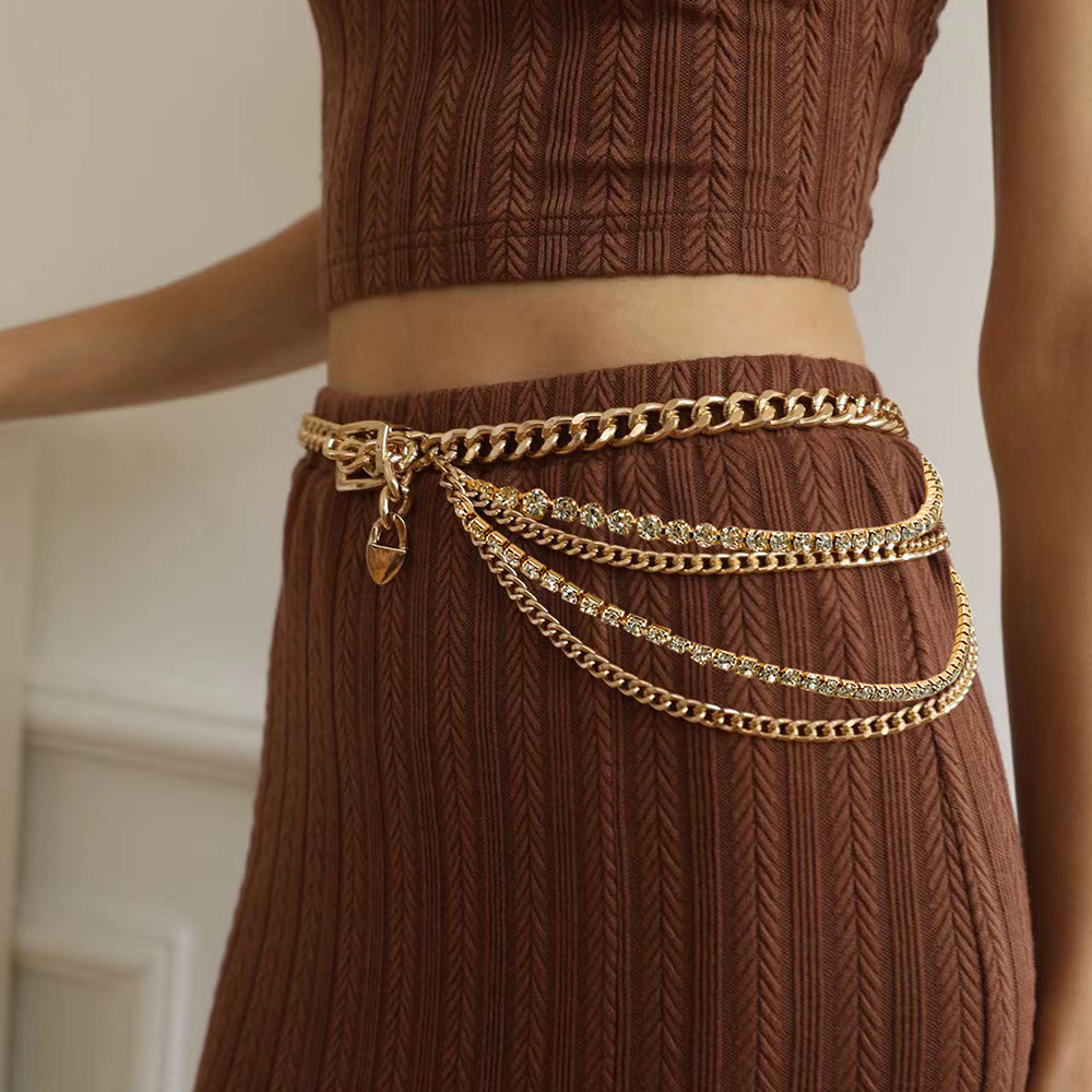 Waist Chain Women Personality Pin Buckle Chain Belt Adornment Dress Gold Hollow Rhinestone Multi-layer Waist Seal All Match