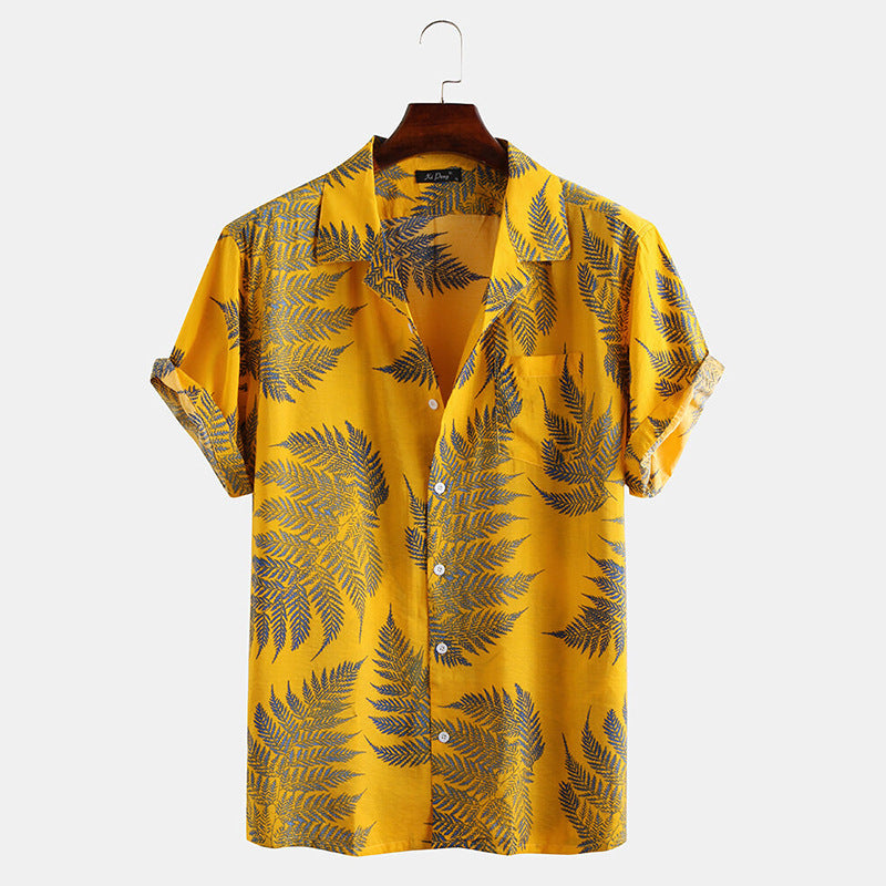 New Hawaiian Men's Cardigan Cotton Linen European And American Men's Shirt Printed Short Sleeve Shirt
