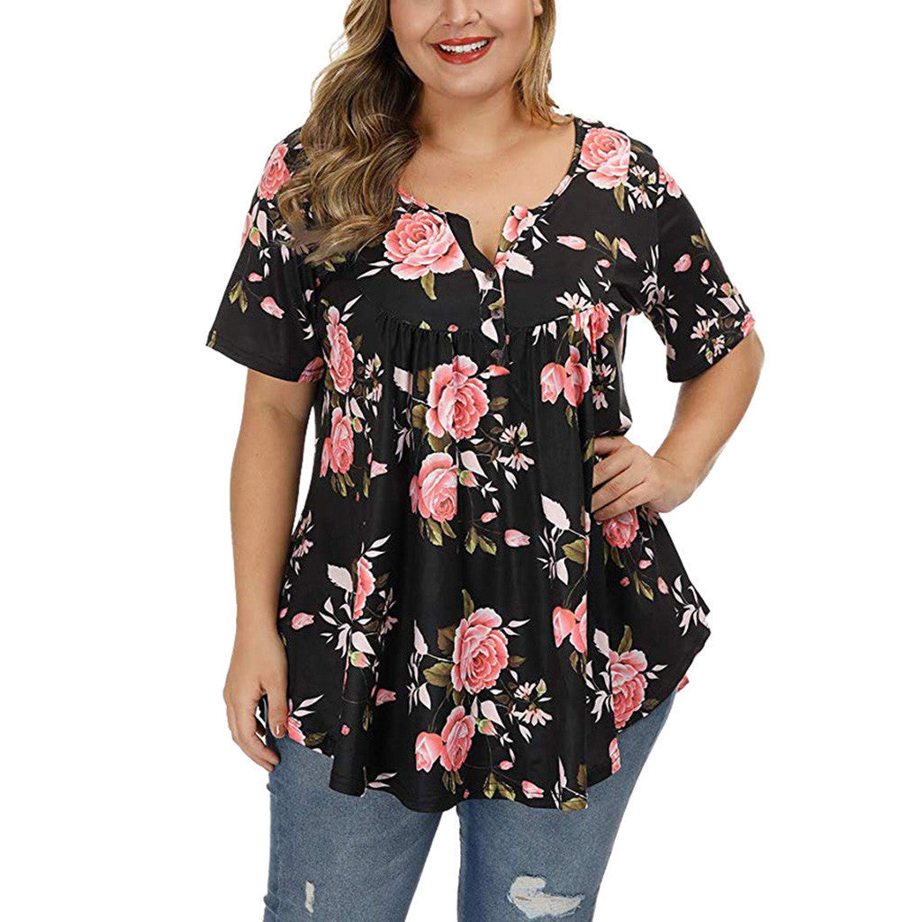 New Ladies V-Neck Button Plus Size Printed Short Sleeve Top