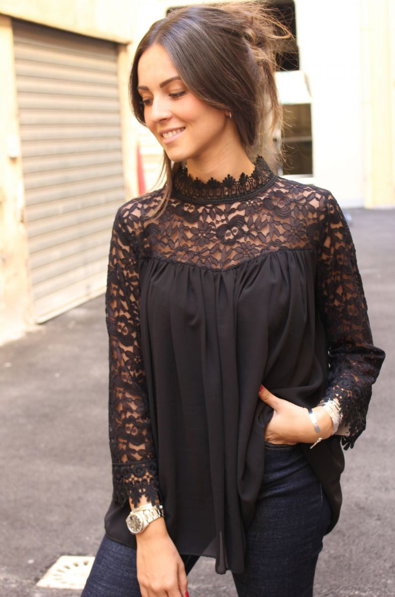 Openwork solid color long sleeve top