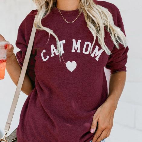 Cat Mom Letter printed long sleeve casual sweater