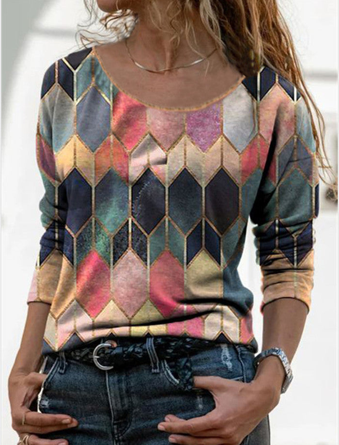 Long sleeve retro geometric print casual top T-shirt