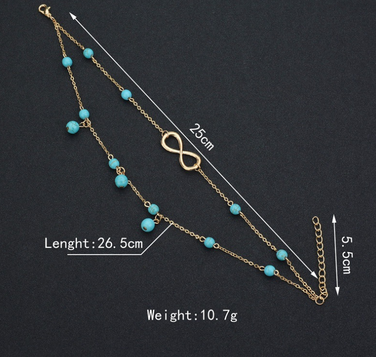 New multi-layered 8-word turquoise stone anklet