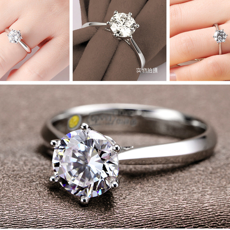 Diamond Ring Female Six-claw Simulation Couple Couple Rings Opening Adjustable Silver
