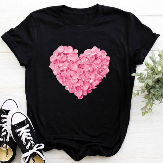 Pink heart-shaped flower print women's t-shirt casual funny t-shirt