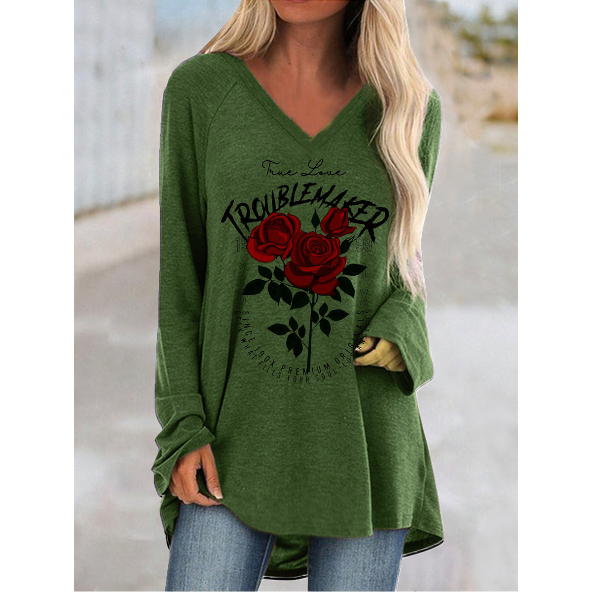 Printed Casual Large Size V-neck Loose Long-sleeved Pullover T-shirt Mid-Length