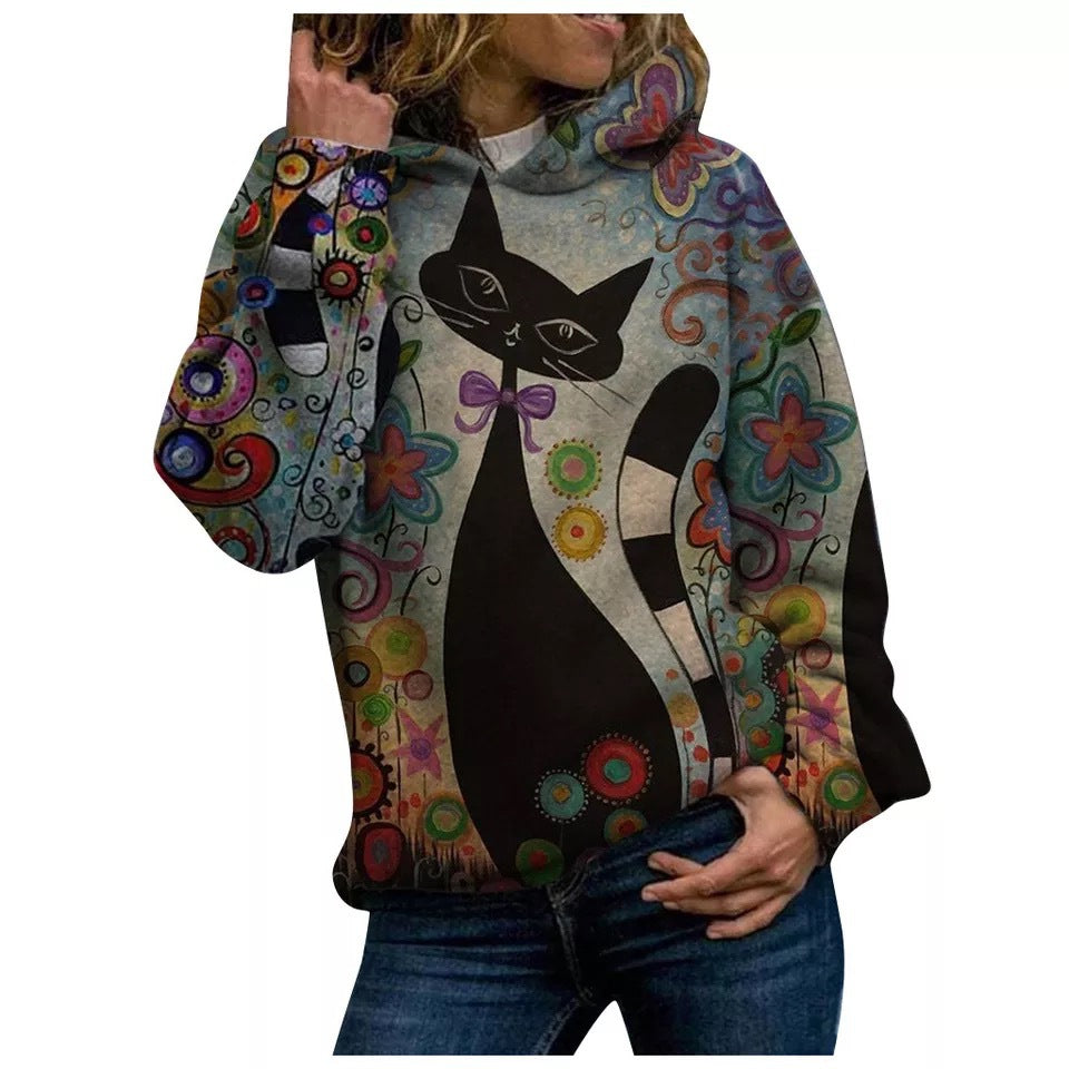 Cat 3D printed casual hooded pullover sweater