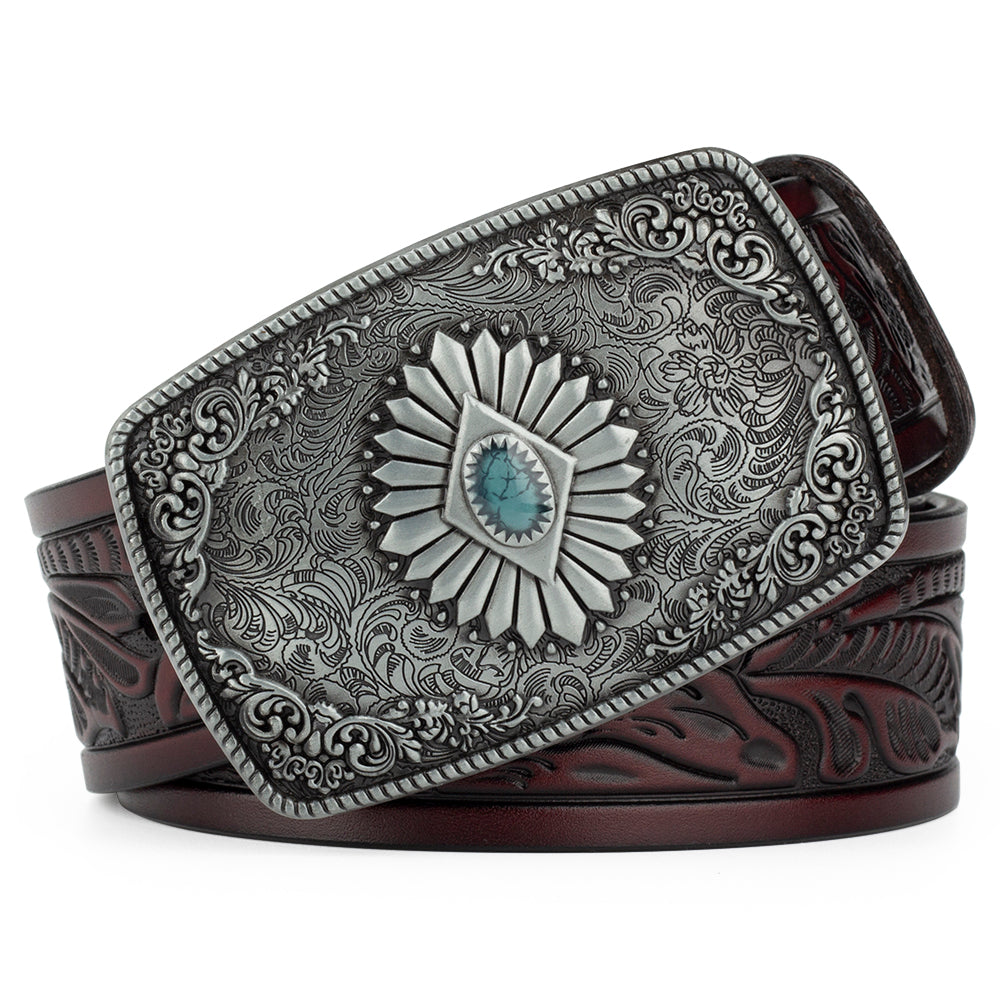 Bronze Pattern Buttoned Tang Grass Embossed Leather Belt