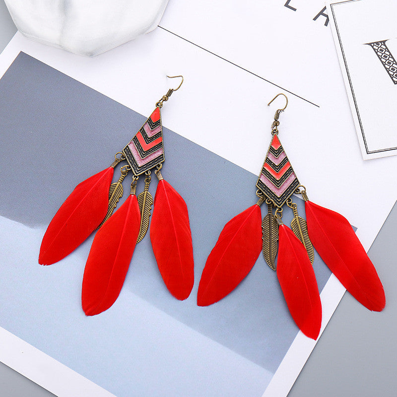 Diamond Leaf Long Tassel Feather Earrings For Female Bohemian Accessori