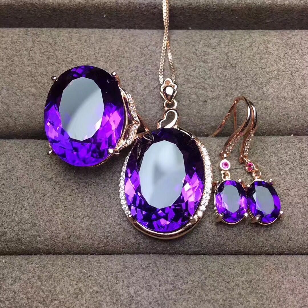 New Fashion Amethyst Set Ring Pendant Earrings Three-piece Set