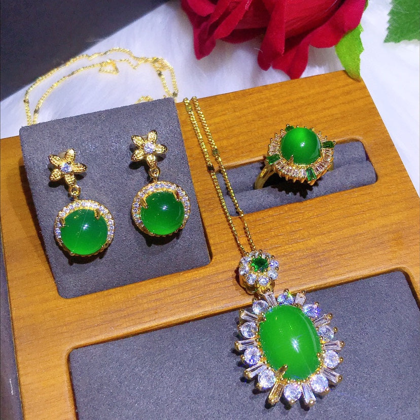 Luxury Craft Inlaid Natural Green Chalcedony Set