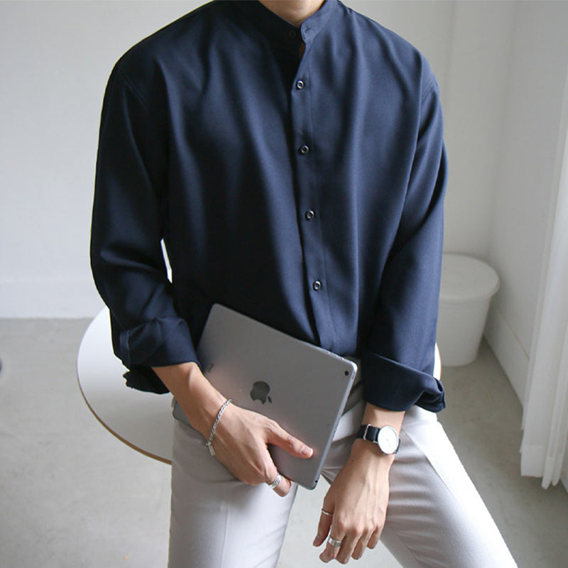 Men's Stand-Up Collar Shirt Long Sleeve Korean Trend
