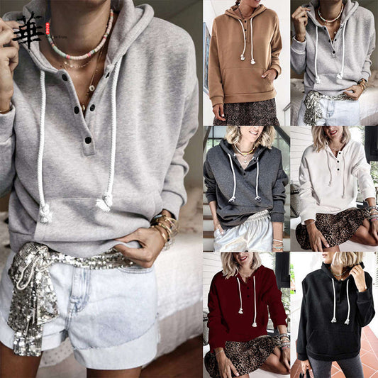 Solid color hooded drawstring button sweater