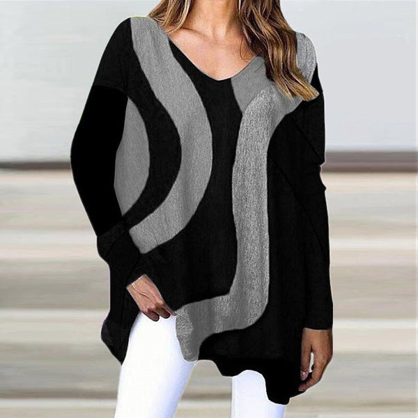 V-neck Pullover Long Sleeve Geometric Pattern Loose Casual Women's T-shirt