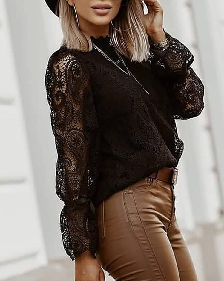 Ladies Stand Collar Long Sleeve Lace Shirt Top