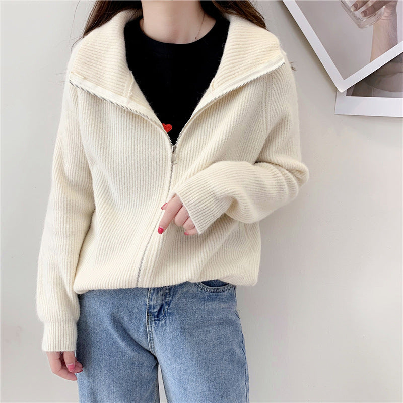 Loose Simple Solid Color Knitted Sweater Jacket Top