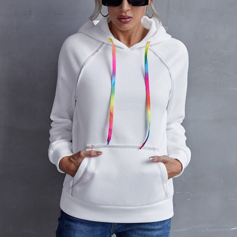 Loose Casual Hooded Sweater Rainbow Ribbon Color Block Jacket  Top