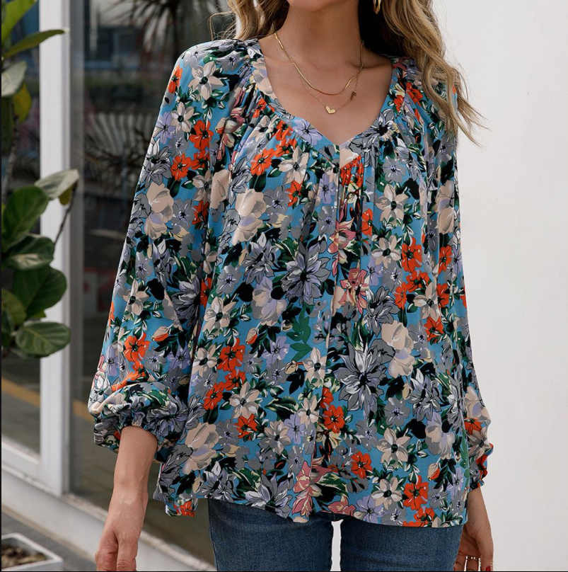 Loose Casual Small Floral Long-sleeved V-neck Shirt