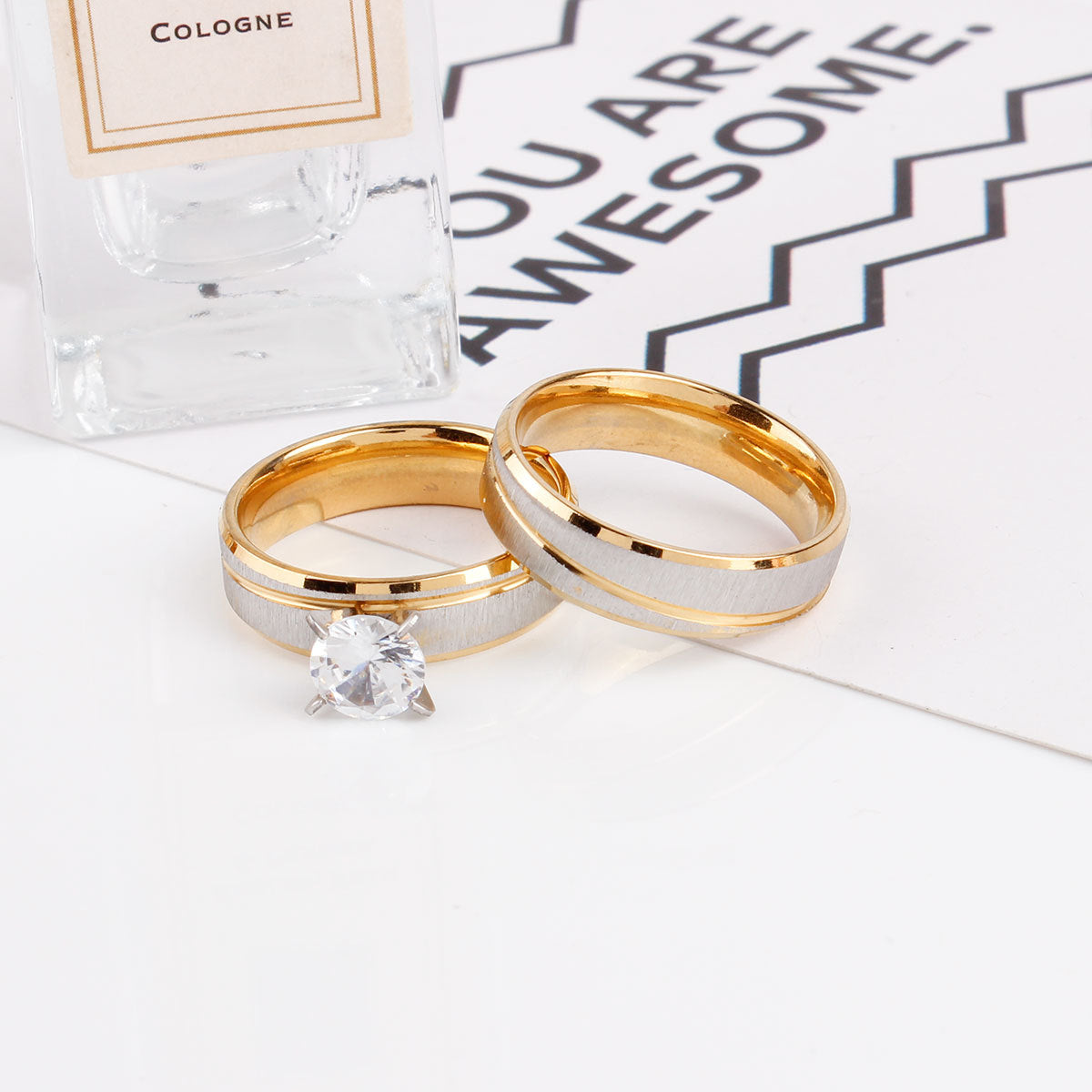 Stainless Steel Two Tone Brushed Pair Rings Real Gold Plated