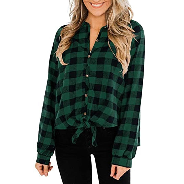 Loose Plaid Tie Knot Long-sleeved Cardigan Shirt