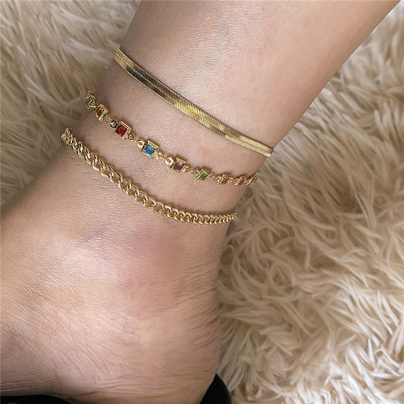 French Retro Palace Style Color Rhinestone Anklet Women