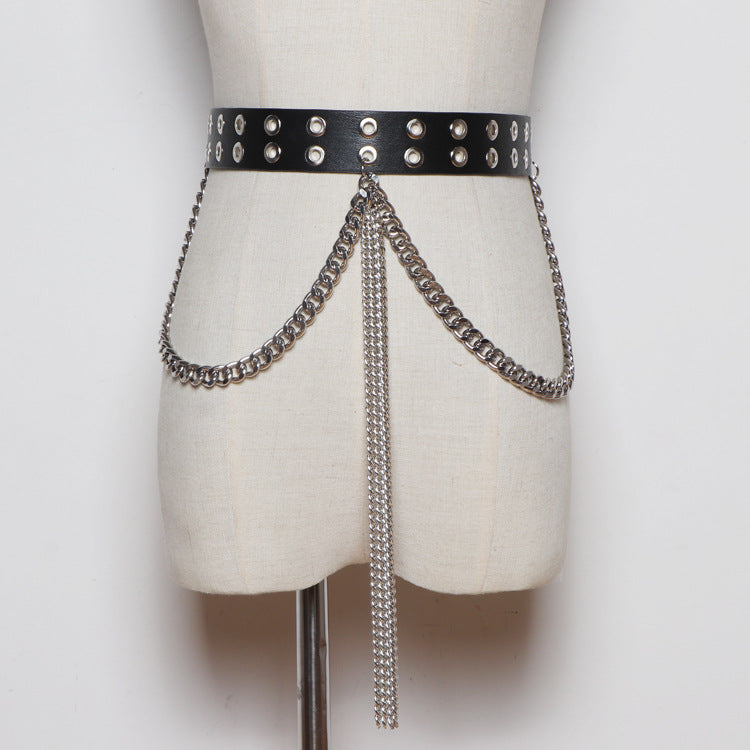 Fashion All-match Black Belt Tassel Chain Double Row Perforated Hundred Matching Waist Seal