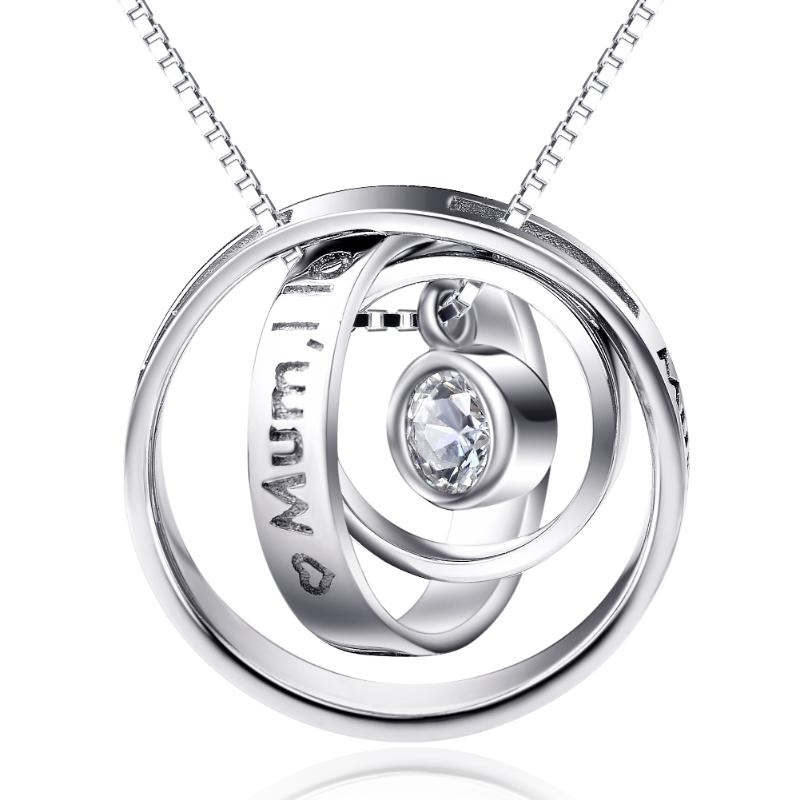Mom Necklace Sterling Silver Engraved Mum Thank You for All You Do and Mum I Love You Three Ring Pendant Necklace Jewelry