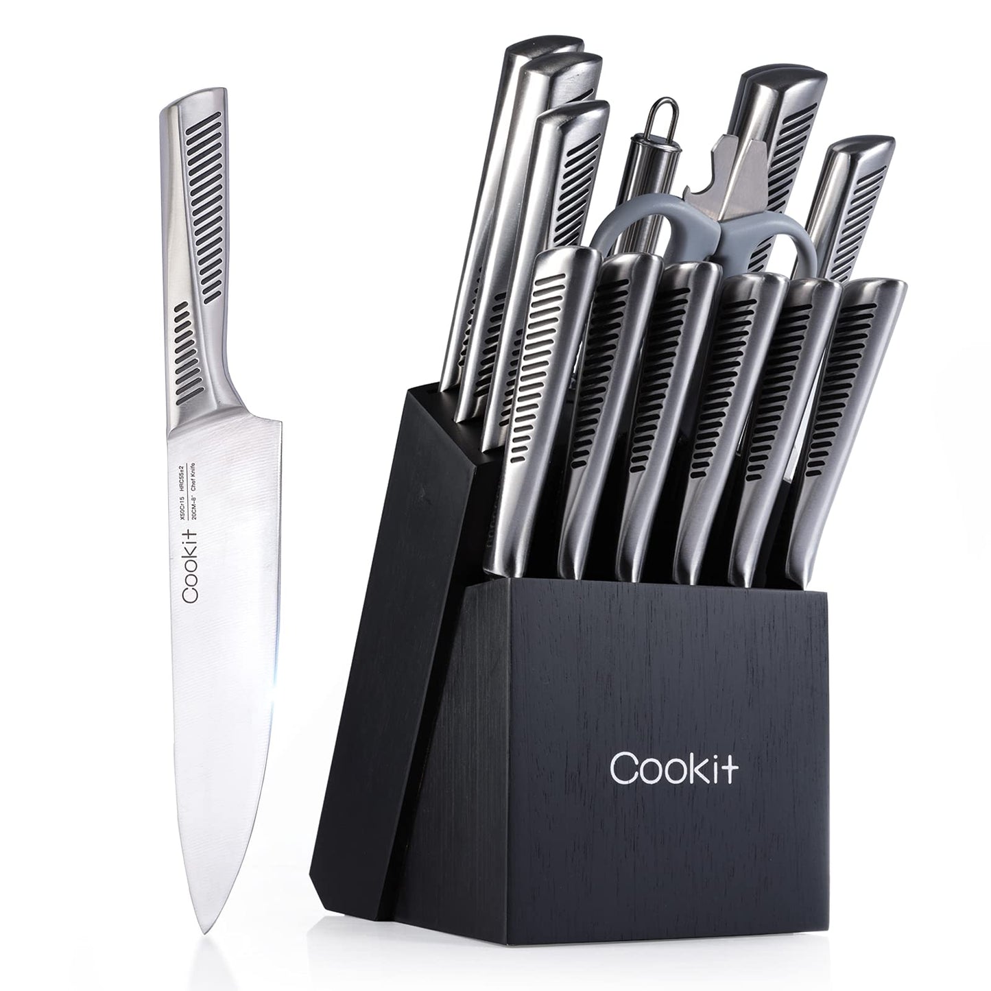 Kitchen Knife Set, 15 Piece Knife Sets with Block, Non-Slip German Stainless Steel with Multifunctional Scissors Knife Sharpener